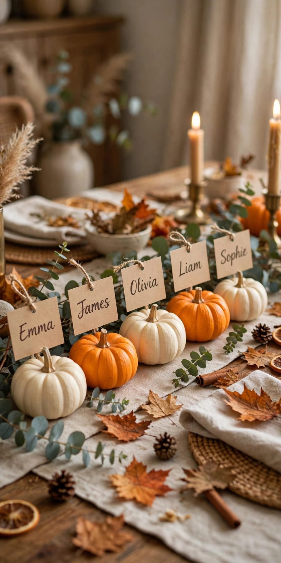 Thanksgiving table decor ideas: mini pumpkin place card holders