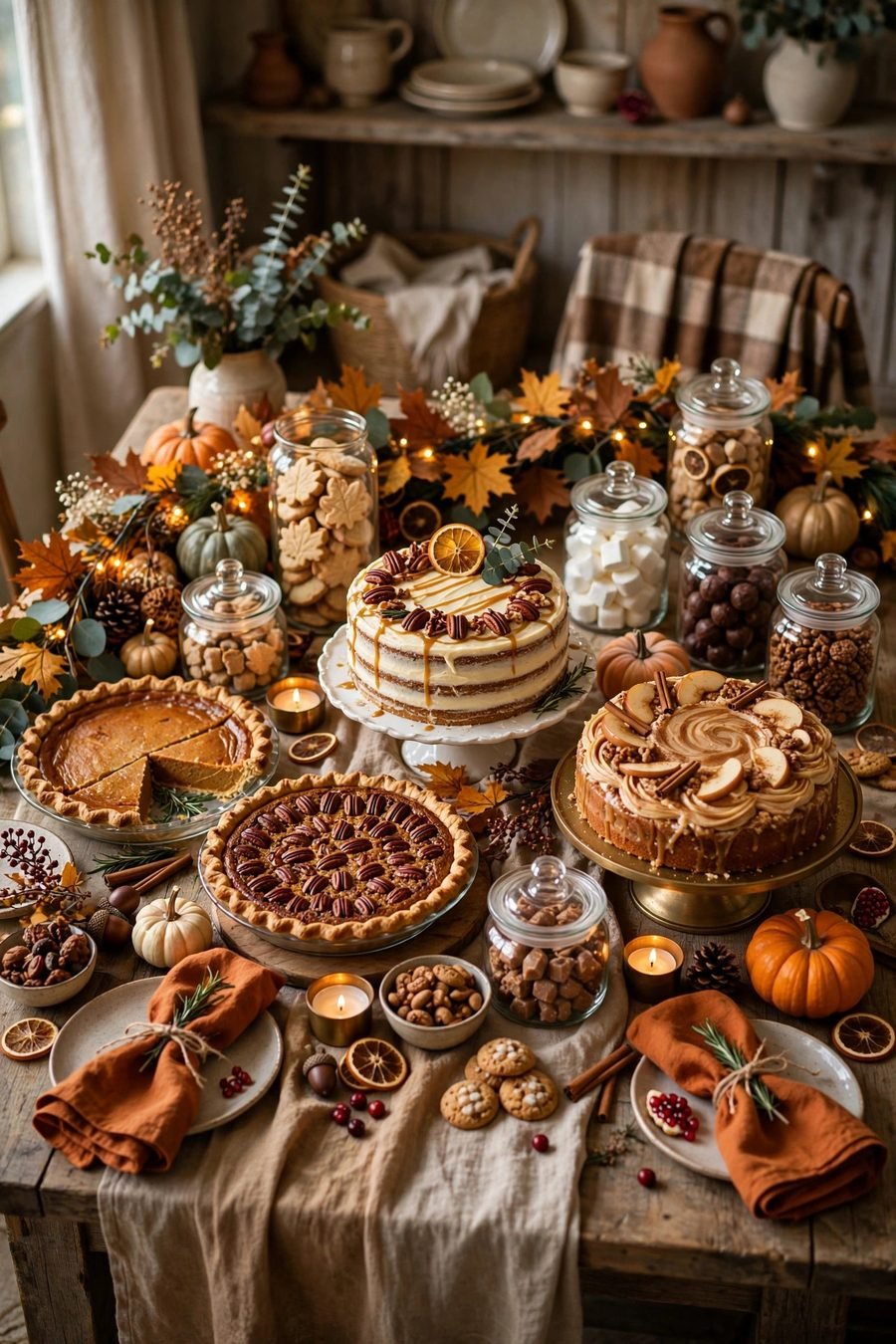 Thanksgiving table decor ideas: styled dessert table with pies