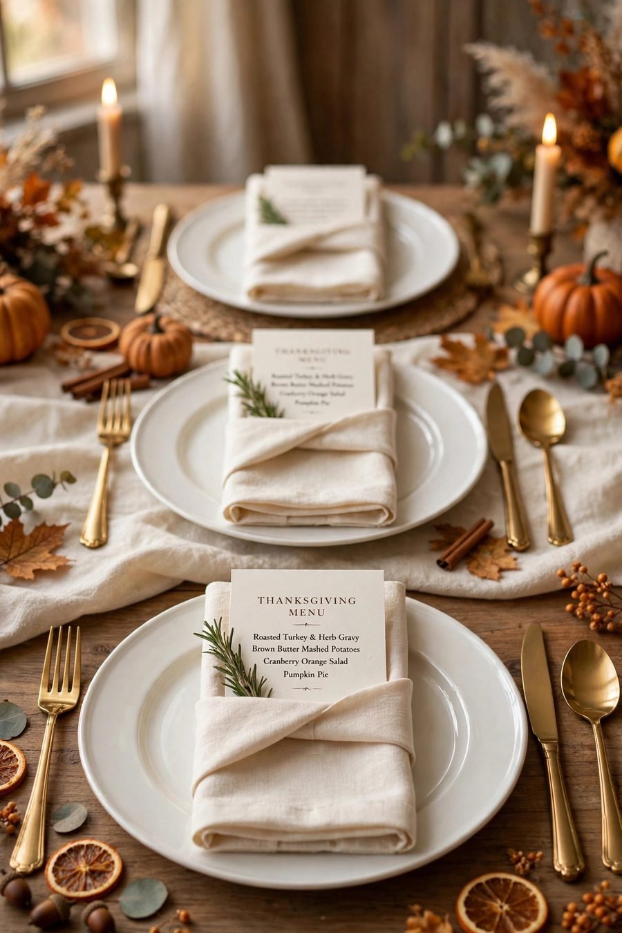 Thanksgiving table decor ideas: folded linen napkins with rosemary