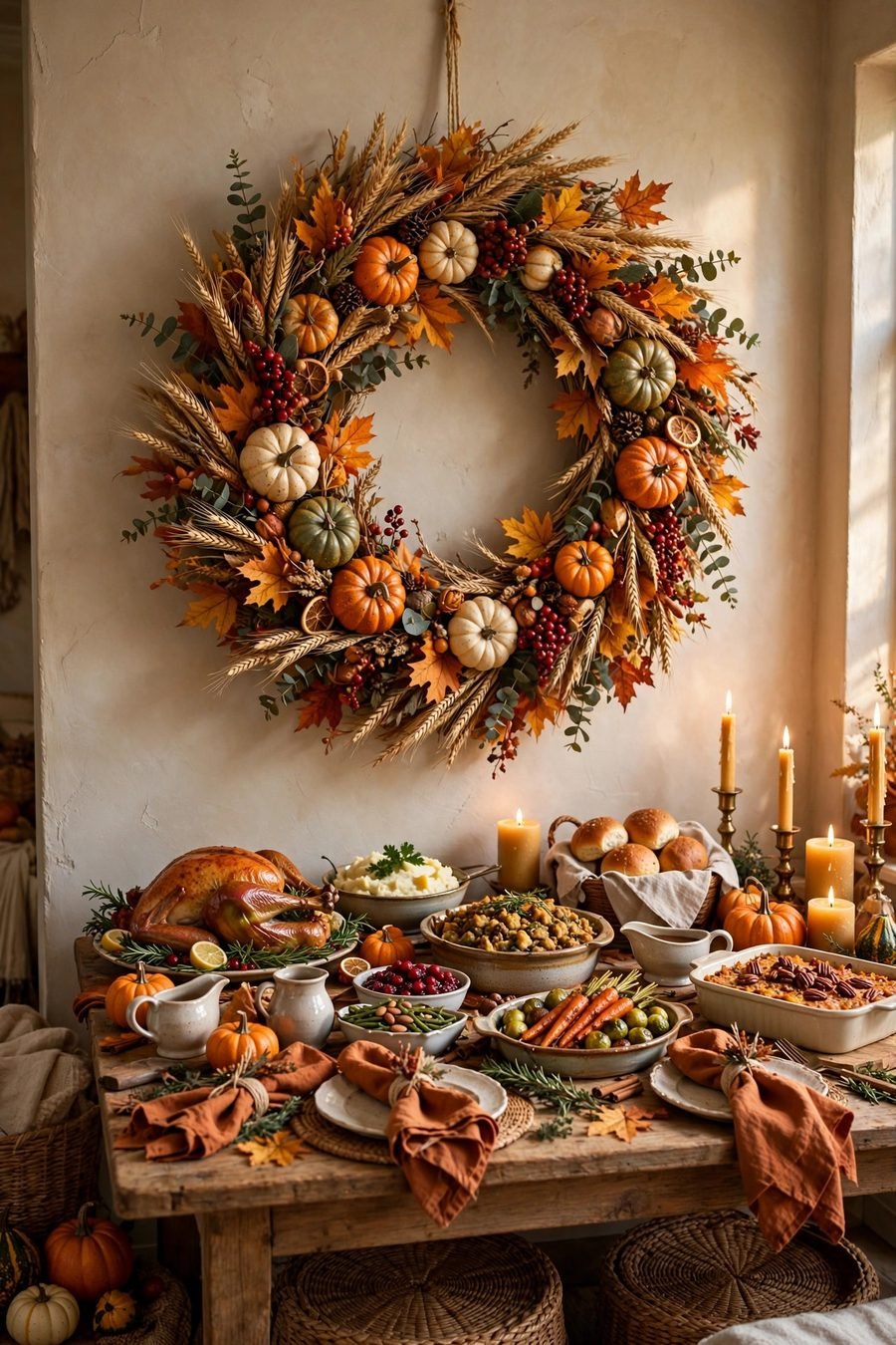 Thanksgiving table decor ideas: harvest wreath hung on wall behind table