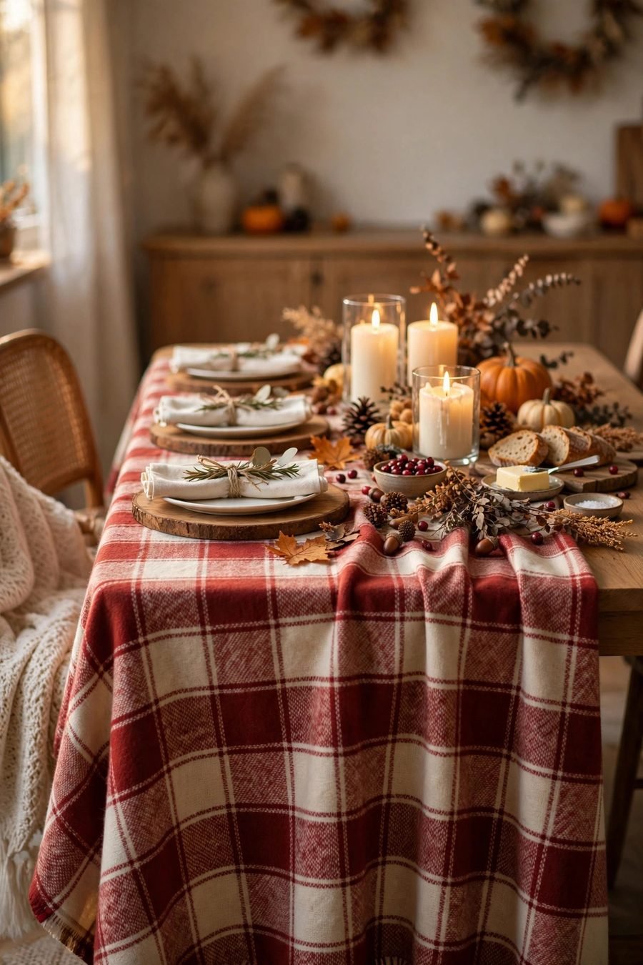 Thanksgiving table decor ideas: plaid throw draped as tablecloth