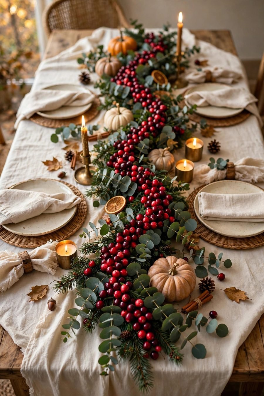 Thanksgiving table decor ideas: fresh cranberry garland table runner