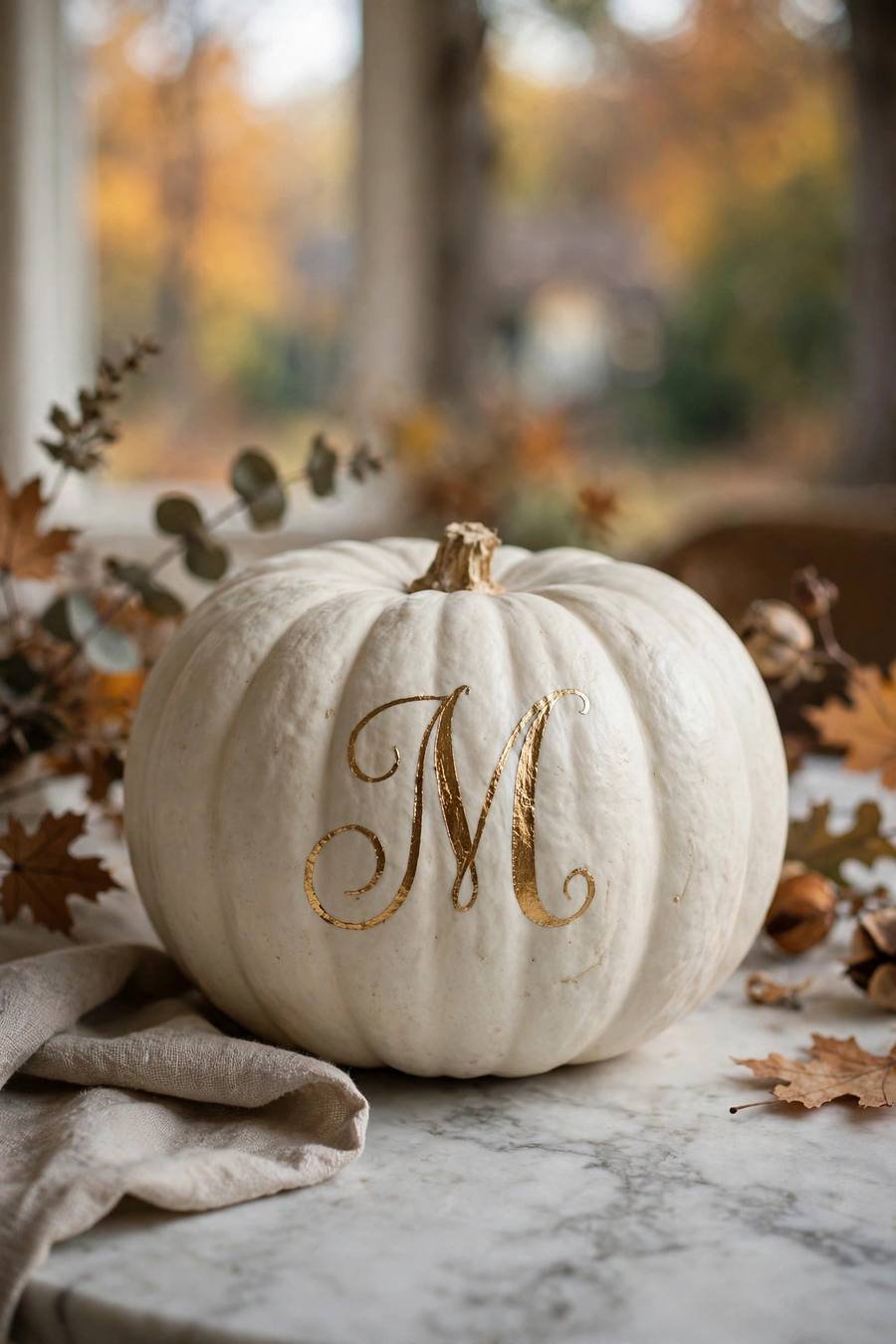 White pumpkin painting ideas: gold leaf monogram initial on a white pumpkin
