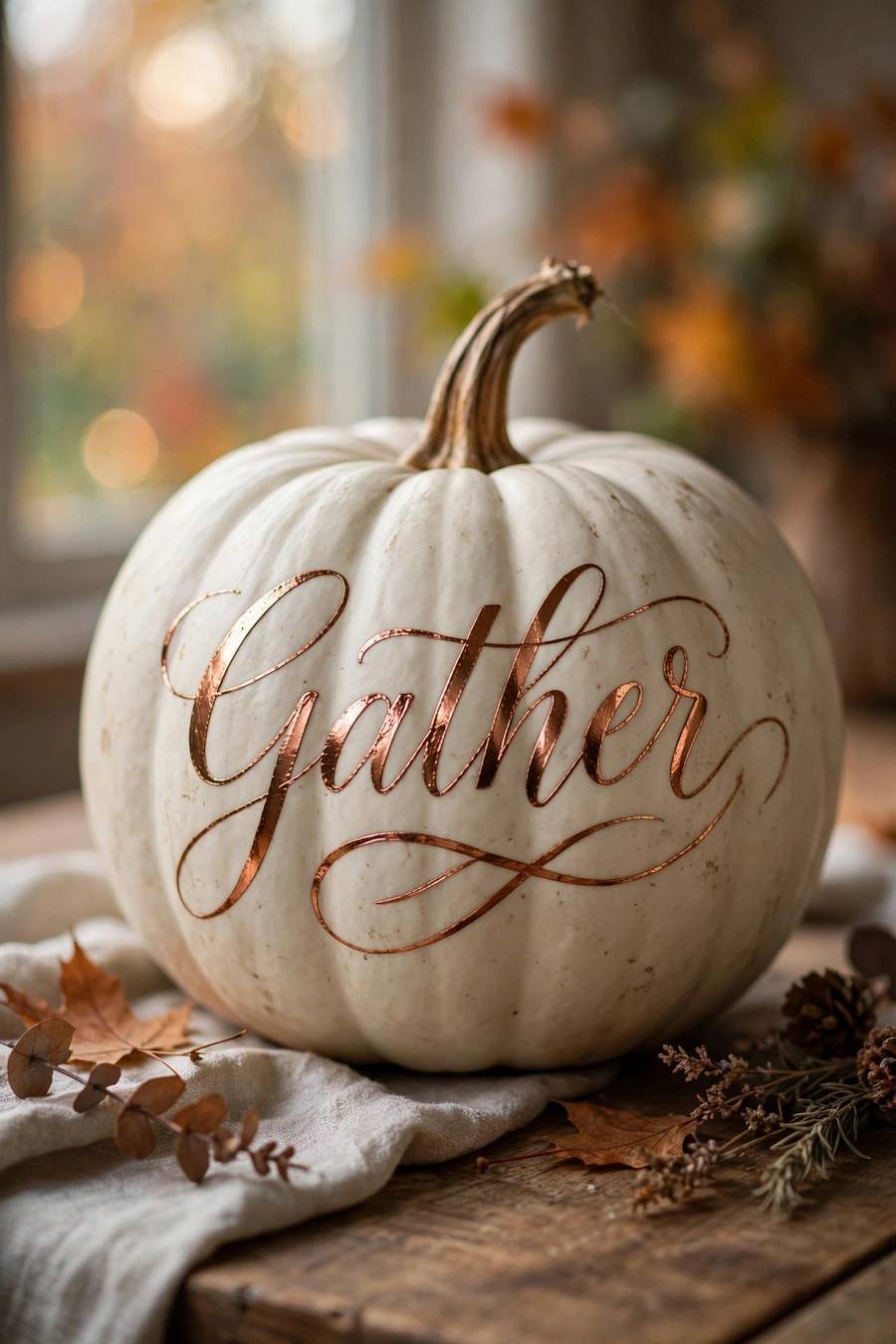 White pumpkin painting ideas: copper calligraphy gather on a white pumpkin