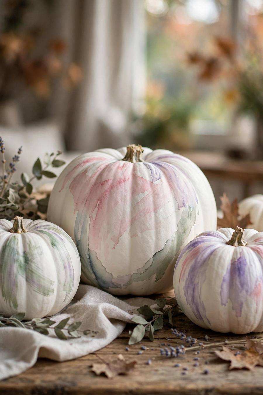 White pumpkin painting ideas: pastel watercolor wash on white pumpkins
