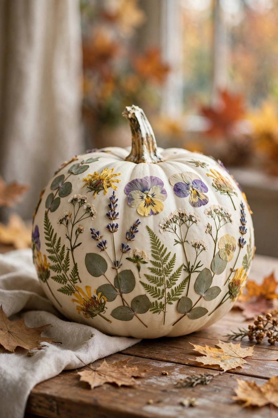 White pumpkin painting ideas: pressed flower decoupage on a white pumpkin