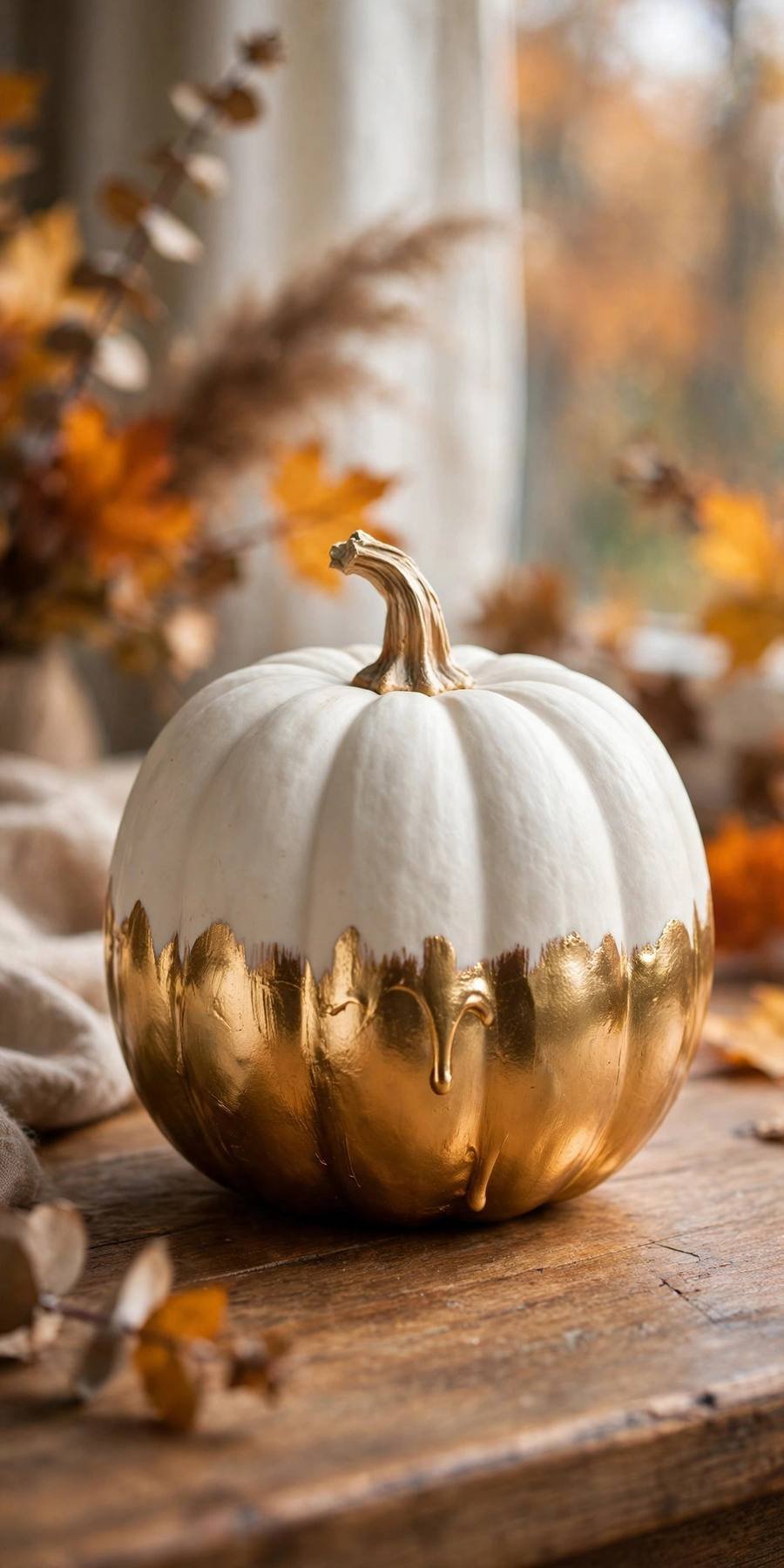 White pumpkin painting ideas: gold dipped bottom on a white pumpkin