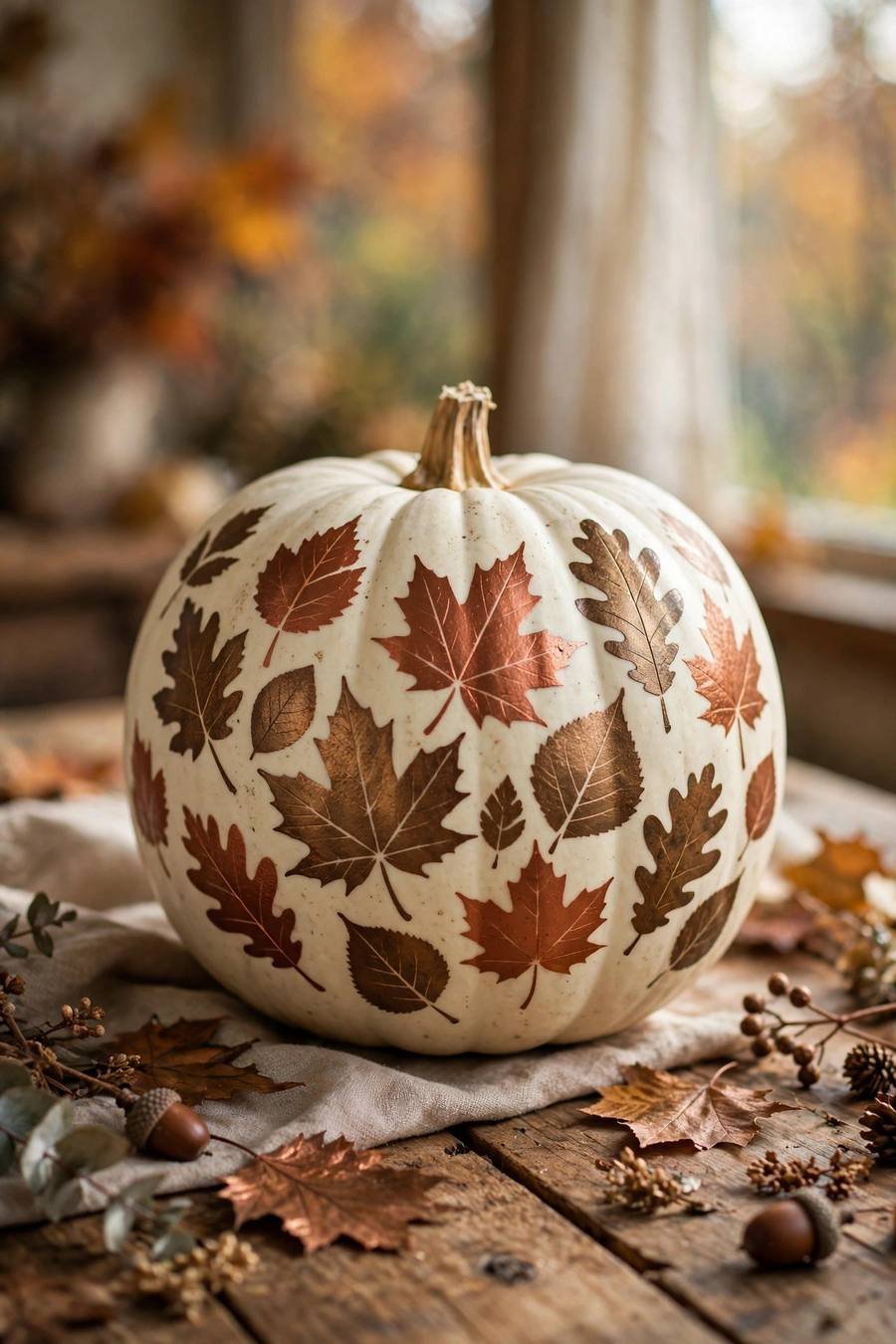 White pumpkin painting ideas: copper fall leaf silhouettes on white