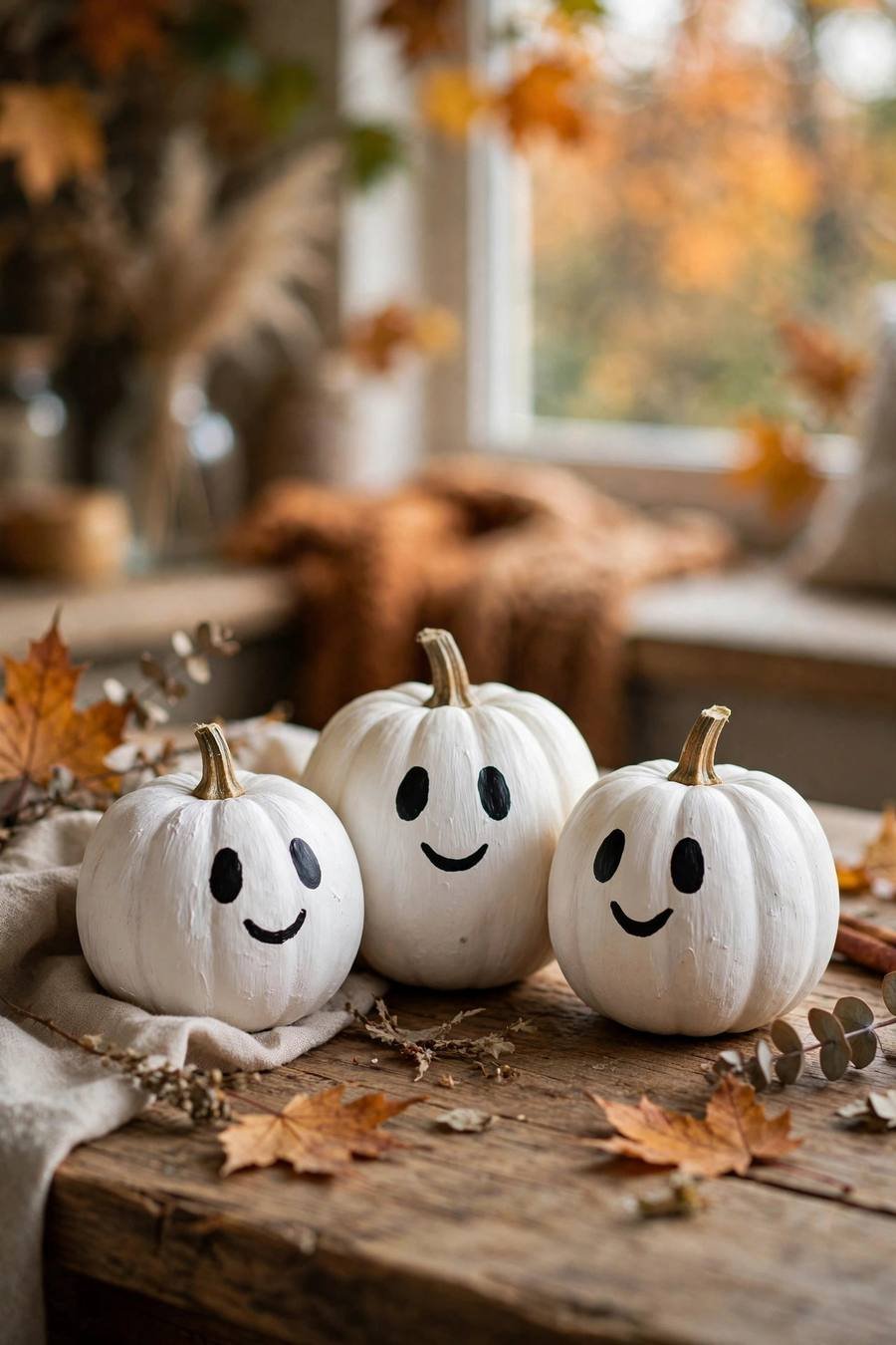 White pumpkin painting ideas: cute ghost faces on white pumpkins