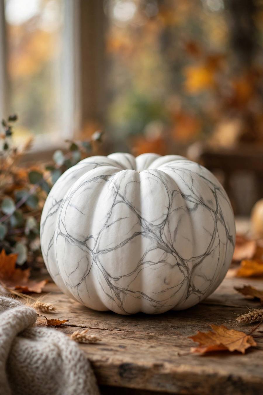 White pumpkin painting ideas: gray marble veining on a white pumpkin