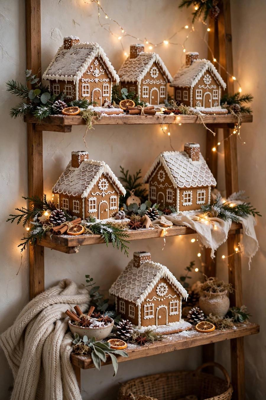 Christmas decor ideas 2026: gingerbread house display with fairy lights