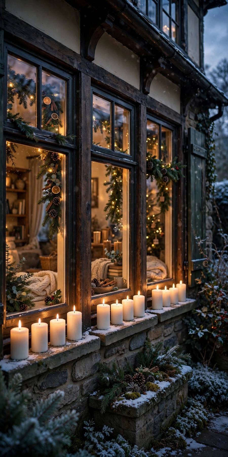 Christmas decor ideas 2026: white pillar candles glowing on windowsills