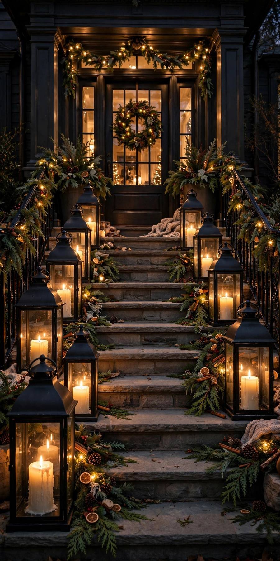 Christmas decor ideas 2026: lanterns with candles lining front porch steps