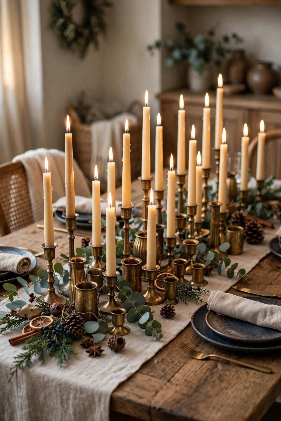 Christmas decor ideas 2026: taper candle tablescape with brass holders