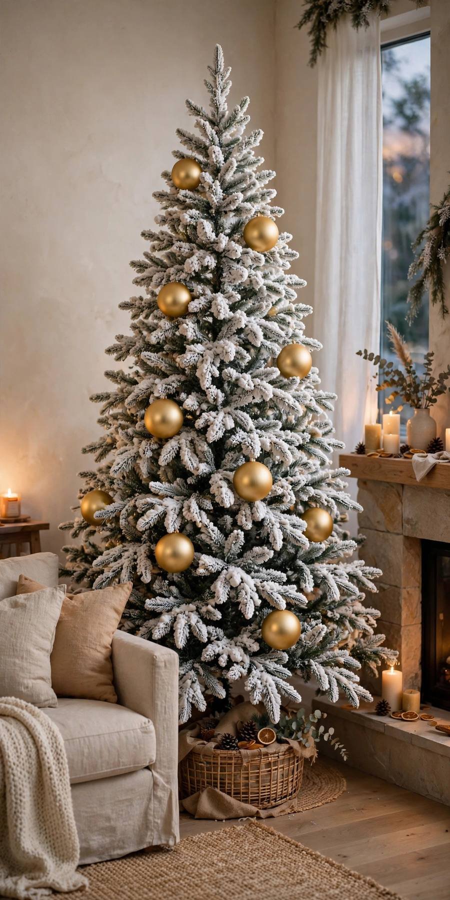 Christmas decor ideas 2026: flocked Christmas tree with minimal ornaments