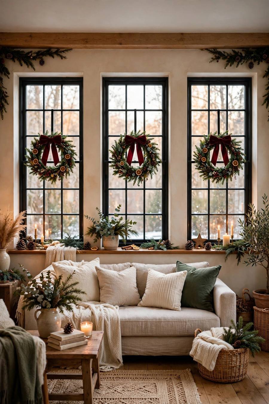 Christmas decor ideas 2026: matching mini wreaths on house windows
