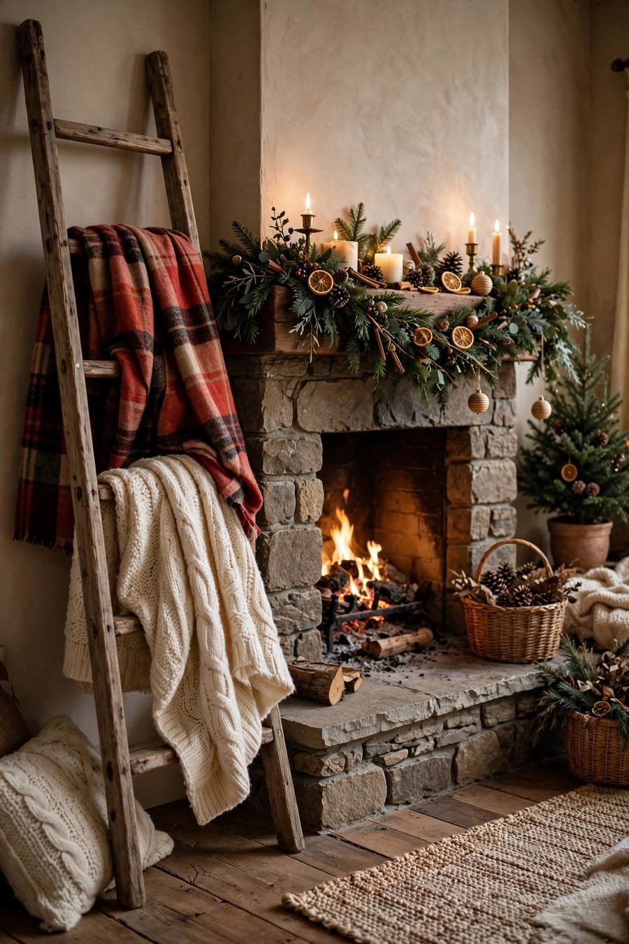 Christmas decor ideas 2026: throw blanket ladder by fireplace