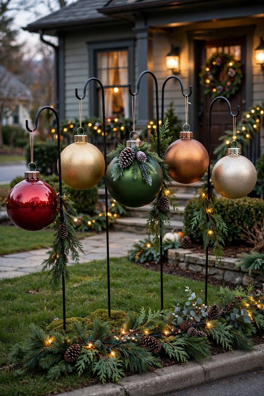 Christmas decor ideas 2026: oversized ornaments in front yard