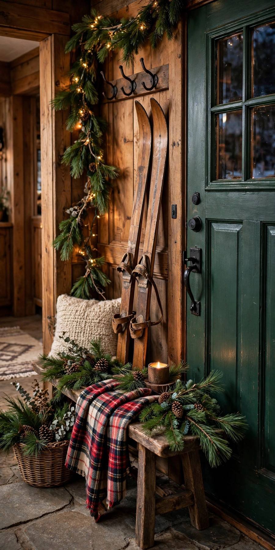Christmas decor ideas 2026: ski lodge styled entryway