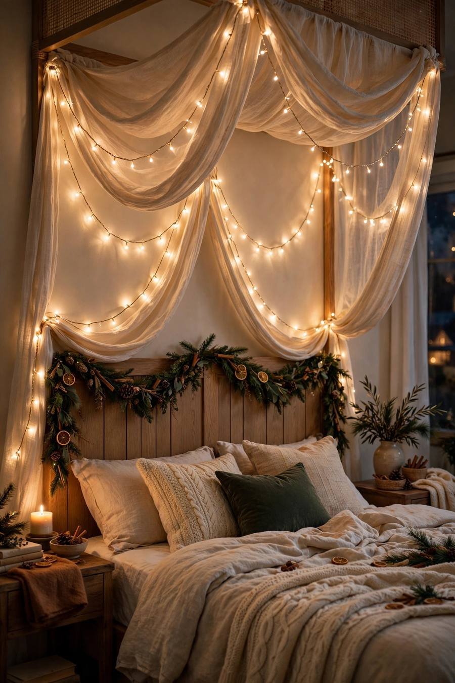 Christmas decor ideas 2026: fairy light canopy over bed