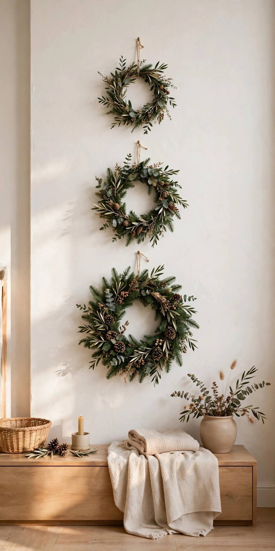Christmas decor ideas 2026: three minimalist greenery wreaths on wall